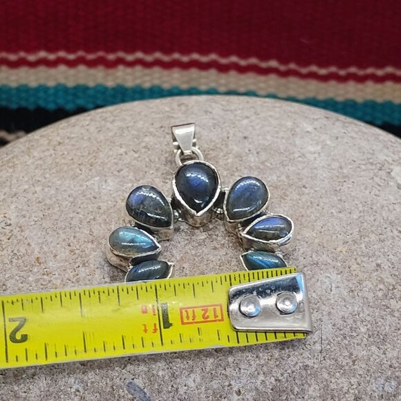 Sterling Silver Labradorite Squash Blossom Naja Pendant 1 5/8" - Picture 5 of 8